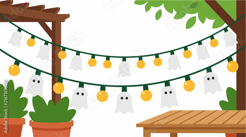 Halloween Ghost String Lights with Pergola and Garden Table, Festive Seasonal Decor Illustration