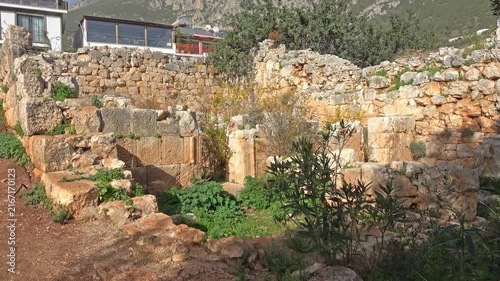 Kas, Turkey - February 16, 2026: Ancient Hellenistic temple ruins in downtown Kas
