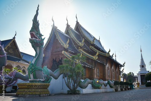 Traditional Thai Buddhist Temple with Naga Sculpture in Chiang Mai, Thailand