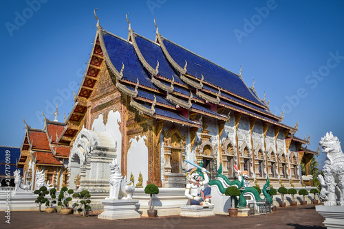 Traditional Lanna Temple with Blue Roof in Chiang Mai, Thailand