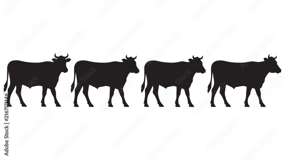 Fototapeta premium Silhouette Line Art of Four Cows Walking Together - Minimalist Black and White Animal Vector Illustration for Design, Logo, Poster or Print