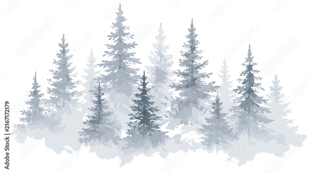 Fototapeta premium Light gray misty gradient watercolor illustration of textured coniferous fir forest. Winter evergreen watercolour pine trees print for winter Christmas design, poster, decor element, sticker