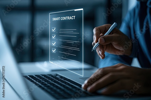 Digital Smart Contract Agreement Being Signed on Futuristic Interface.