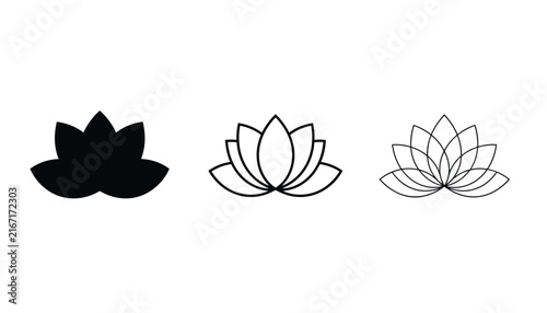 Three different styles of elegant lotus flower icons including solid black, bold outline, and thin artistic lines.