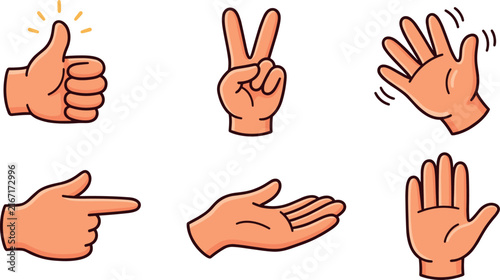 Hand Gestures Set with Thumbs Up, Peace Sign, and Clapping Illustration