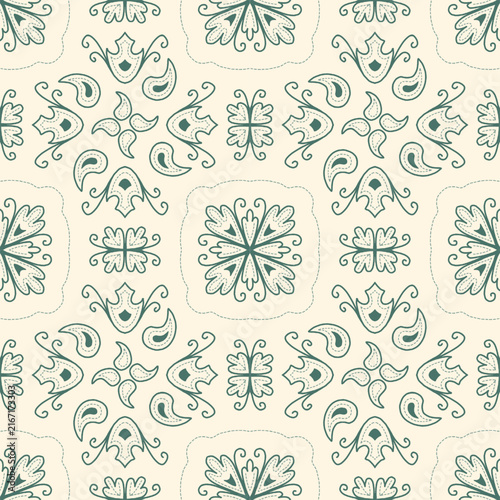 Seamless Light Beige and Teal Floral Ornamental Tile Pattern Vector