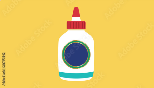 Illustration of a classic white school glue bottle with a red cap and blue label set against a vibrant yellow background.