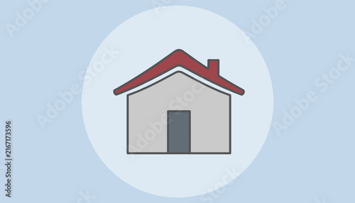 Minimalist real estate icon depicting a grey house with a red roof placed inside a soft blue circular background.