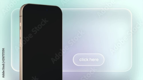 Detailed smartphone mockup stands beside frosted glass card. Minimalist mockup frame catches soft gradient glow lighting. Clean 3D mockup provides clear concept for mobile landing page advertisement.