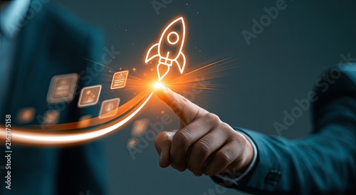 Business Startup Rocket Launch with Digital Icons and Finger Touch.