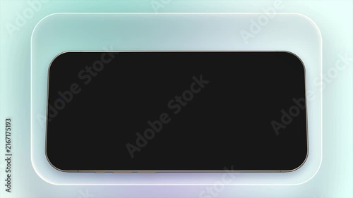 Flat smartphone mockup lies horizontally inside glass tray. Mockup layout displays dark blank screen on pastel background. Device mockup creates stylish concept for app user interface showcase.