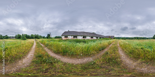 full seamless spherical hdri panorama 360 degrees angle view near abandoned ruined factory hangar and building in equirectangular projection, VR AR virtual reality content.