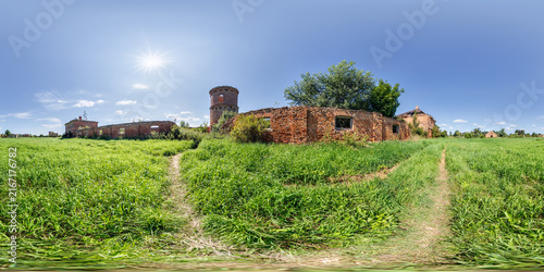 full seamless spherical hdri panorama 360 degrees angle view near abandoned ruined factory hangar and building in equirectangular projection, VR AR virtual reality content.
