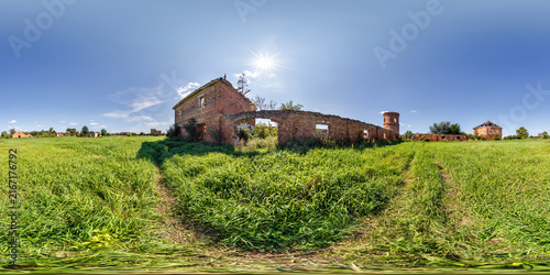 full seamless spherical hdri panorama 360 degrees angle view near abandoned ruined factory hangar and building in equirectangular projection, VR AR virtual reality content.