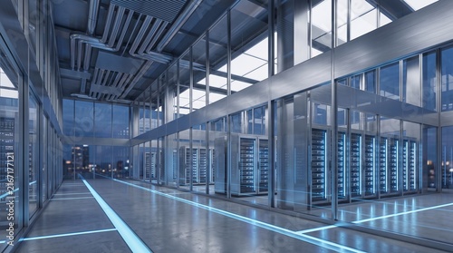 Modern high-tech data center server room with glass walls and glowing blue lights