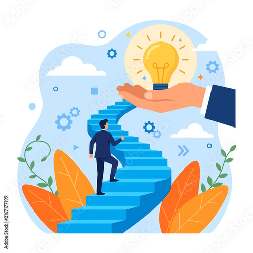 Man climbing stairs towards a bright idea lightbulb held by a hand.