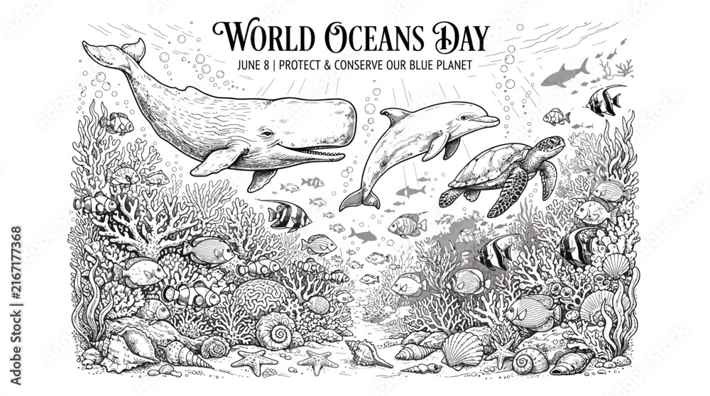 Obraz premium World Oceans Day poster with marine life illustration and conservation message in vintage style