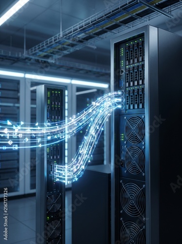Data Center Server Racks Synchronizing Data with Glowing Blue Digital Light Trails Representing Fast Information Transfer
