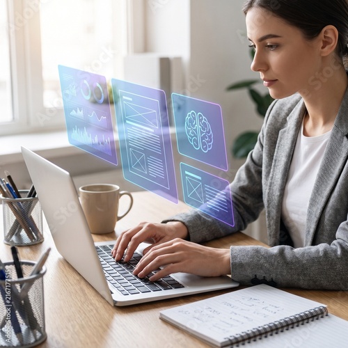 Professional woman working on a laptop with futuristic holographic data analytics and AI interface screens in an office.