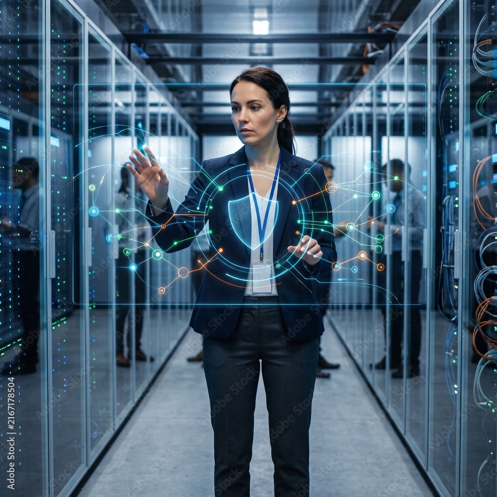 Fototapeta premium Female IT Security Analyst Interacting with Holographic Cybersecurity Shield and Network Nodes in a Data Center Server Room