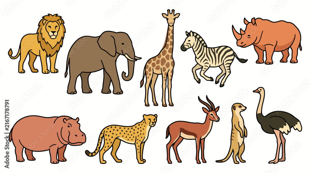 Obraz premium Safari Animals Colorful Vector Illustration Set