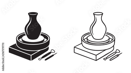 Quadro su tela pottery vase on potter's wheel vector icon silhouette with outline art silhouett