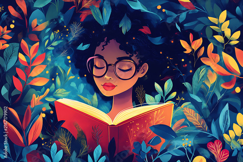 Young woman reading book in colorful magical botanical forest illustration for education and fantasy novel design