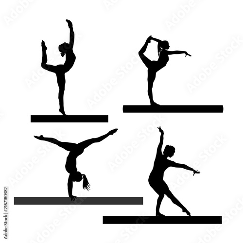 A collection of black silhouettes of gymnasts performing exercises on the balance beam