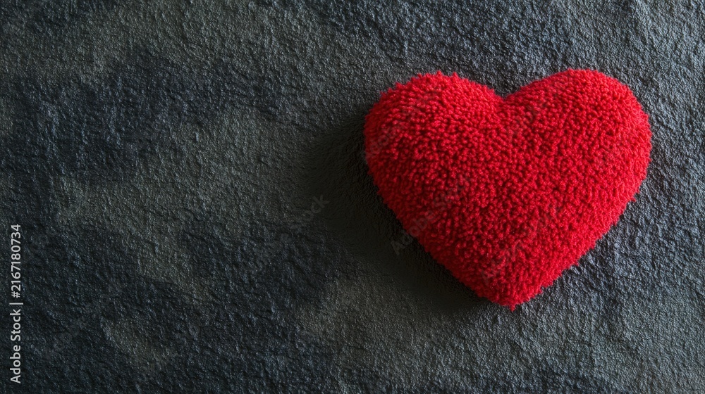 Fototapeta premium adoration. A red heart symbol stands out against a textured black background with a warm glow. wellbeing guides, coaching materials, designed for coaching and self-improvement content.