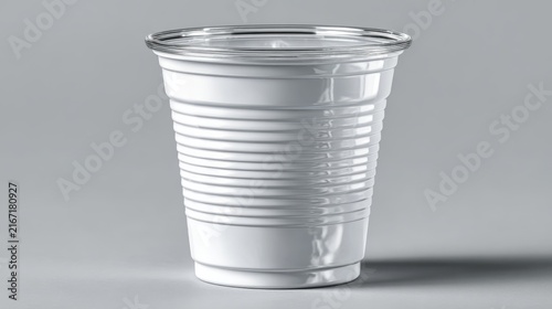 White disposable plastic cup on light background, single use drinkware and minimalist tableware concept.