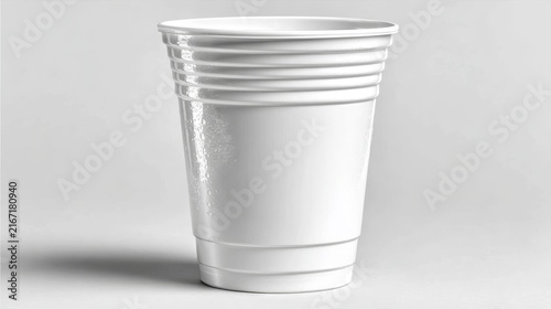 White disposable plastic cup on light background, single use drinkware and minimalist tableware concept.