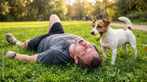 Exhausted young man lying on green grass in park with his playful Jack Russell terrier dog holding a tennis ball in his mouth after exercise