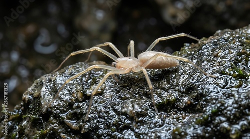 White spider crawling on wet mossy rock in macro view