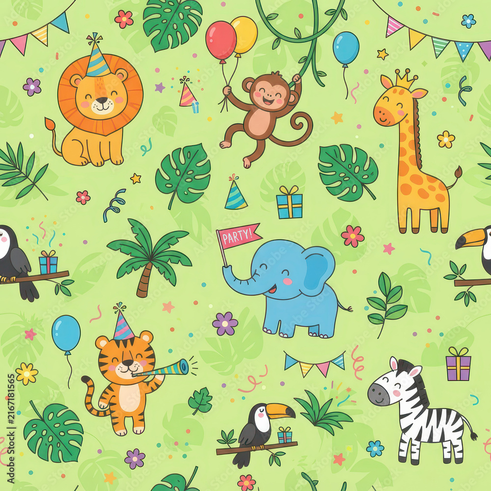 Naklejka premium Cute jungle animals birthday party seamless pattern with lion, elephant, giraffe, and tropical leaves