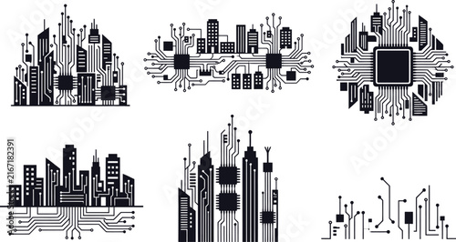 Smart city circuit board silhouettes with skyscraper buildings for technology infrastructure concepts