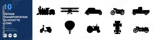Transportation Silhouette Icons, Vintage Style Set, Retro Design Elements, Outline and Fill Icons