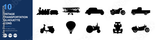Transportation Silhouettes Icons Set, Vintage Style Design. Retro Vehicle Illustrations, Outline and Fill Icons