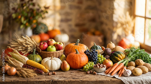 Premium autumn harvest food photography, abundant arrangement of pumpkins, corn, apples, pears, grapes, wheat, carrots 