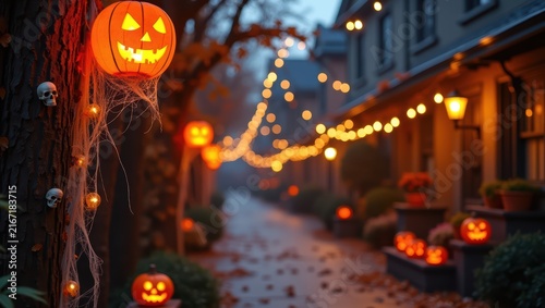 Haunted residential alley decorated with glowing jack o lanterns, skulls, spiderwebs, and string lights at dusk. Halloween celebration and spooky neighborhood atmosphere.