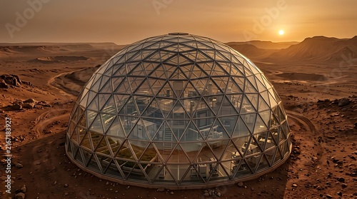 Futuristic geodesic dome habitat on a red planet at sunset