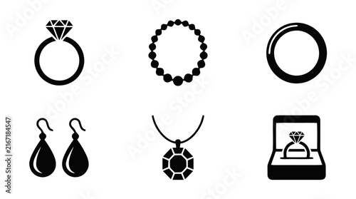 Vector illustration of set of various jewelry icons including rings, necklace, and earrings on a transparent background