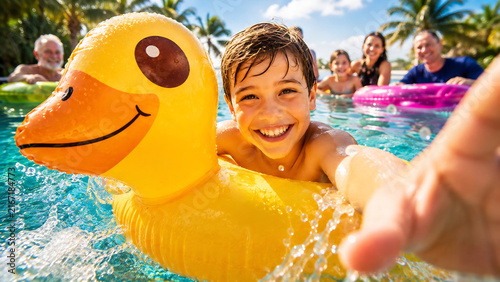 Naklejka Smiling Boy on Duck Pool Float Reaching Toward Camera