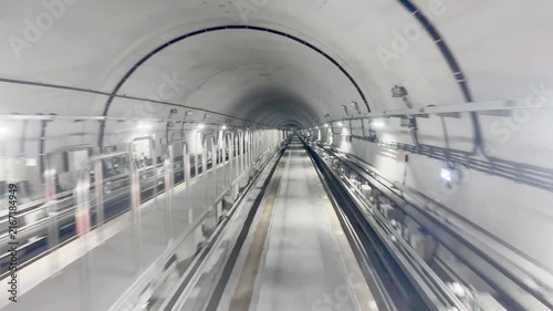Driverless Train Ride Through Subway Tunnel – Front View During Fast Travel