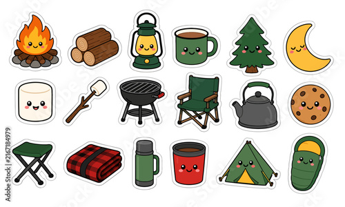 Cute Camping Sticker Set with Kawaii Outdoor Gear and Campfire