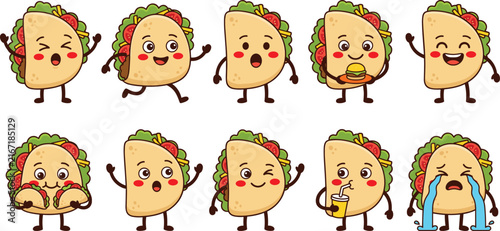 Cute Taco Cartoon Character Vector Sticker Set with Funny Expressions for Mexican Food Design