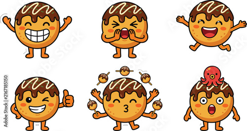 Cute Takoyaki Cartoon Character Vector Sticker Set with Funny Expressions for Japanese Food Design