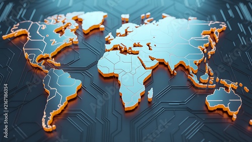 Digital World Map Concept Featuring Glowing Circuit Board Patterns and Metallic Texture