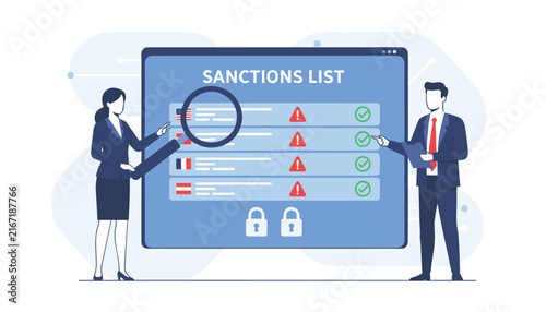 Business professionals analyzing a global sanctions list on a large monitor with a magnifying glass.