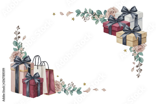 Black Friday Floral Gift Box Frame, Hand-Painted Watercolor Holiday Decoration, Isolated Illustration