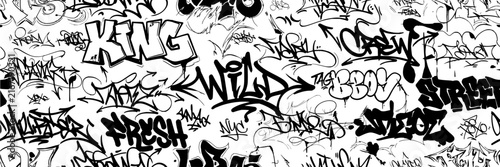Graffiti set with chaotic arrangement featuring tags, lettering, arrows with black and white style and urban texture